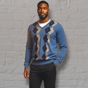 Banana Republic Men’s Silk Cashmere Blend Argyle V-Neck Sweater Blue Size L
